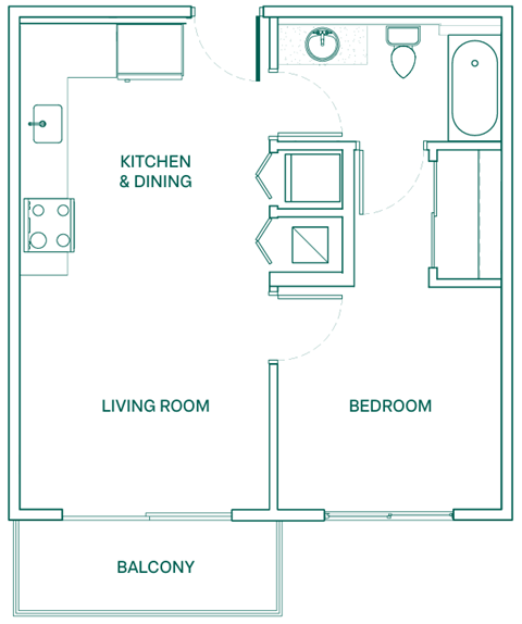 Floor plan for 1 bed, 1 bath, 601 sqft
